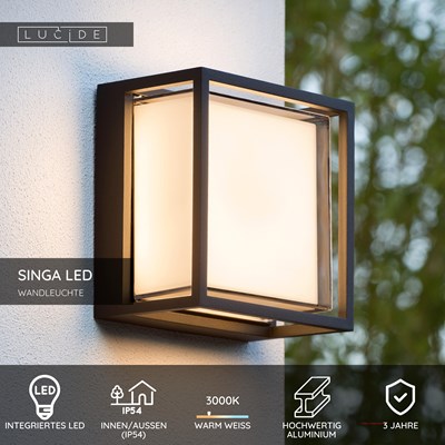 Lucide SINGA LED - Wandleuchte Innen/Außen - LED - 1x10W 3000K - IP54 - Schwarz